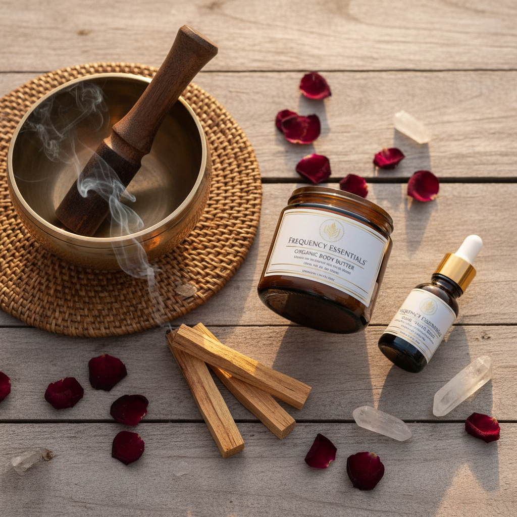 Organic body butter jar beside tibetan singing bowl, palo santo, rose petals and quartz crystal