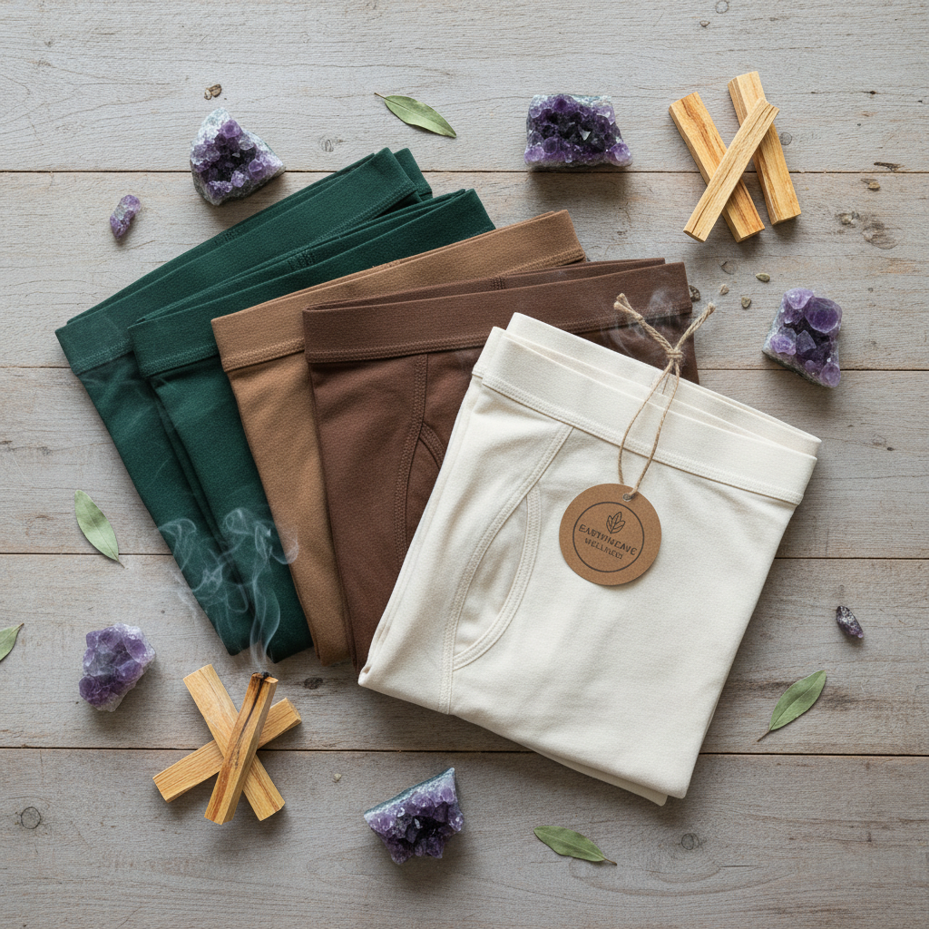Men's organic boxer briefs in forest green, earth brown and natural ivory with palo santo and amethyst