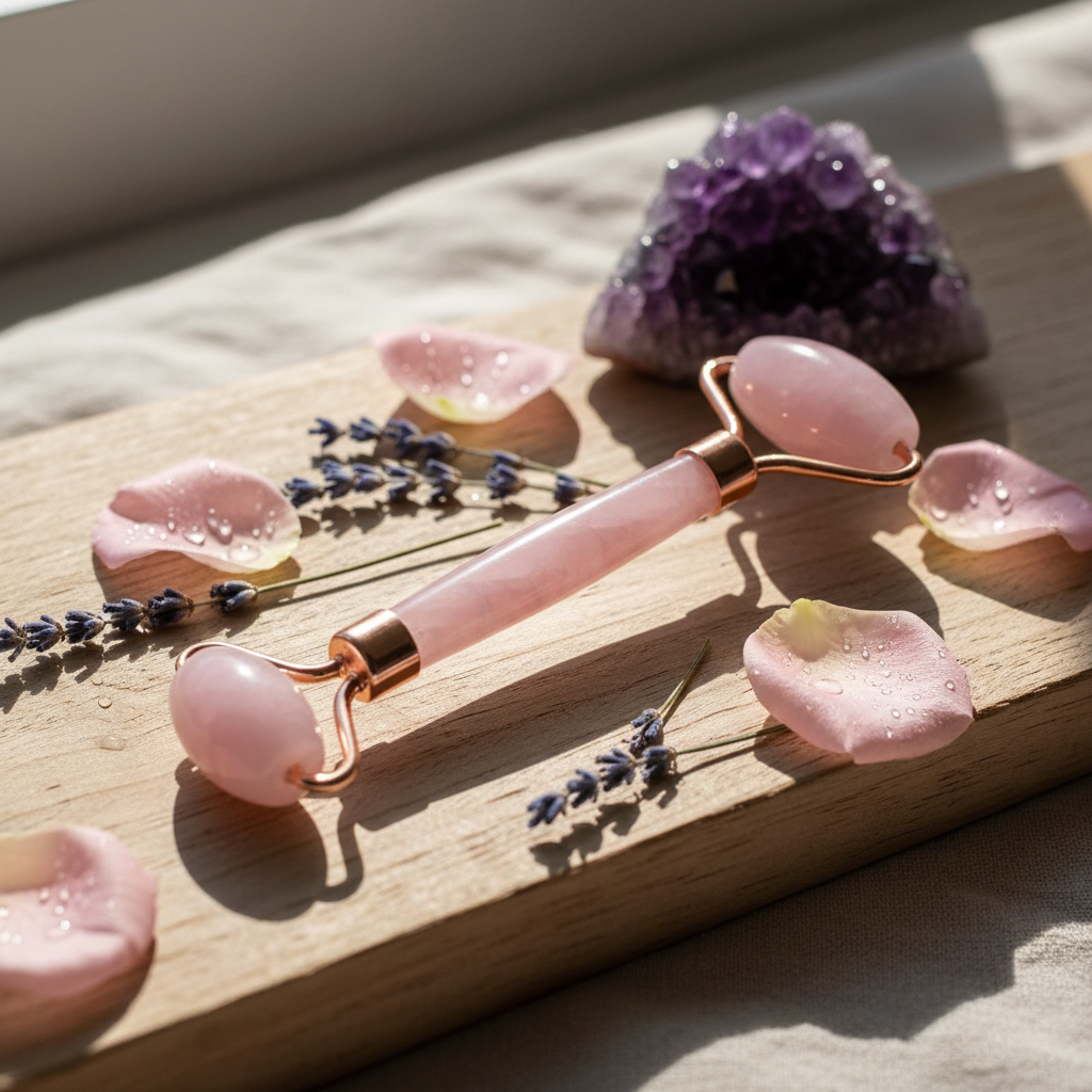 Rose quartz facial roller on wood surface with fresh rose petals, lavender and amethyst crystal