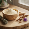 Organic ashwagandha powder in wooden bowl on wood surface with dried root and amethyst crystal