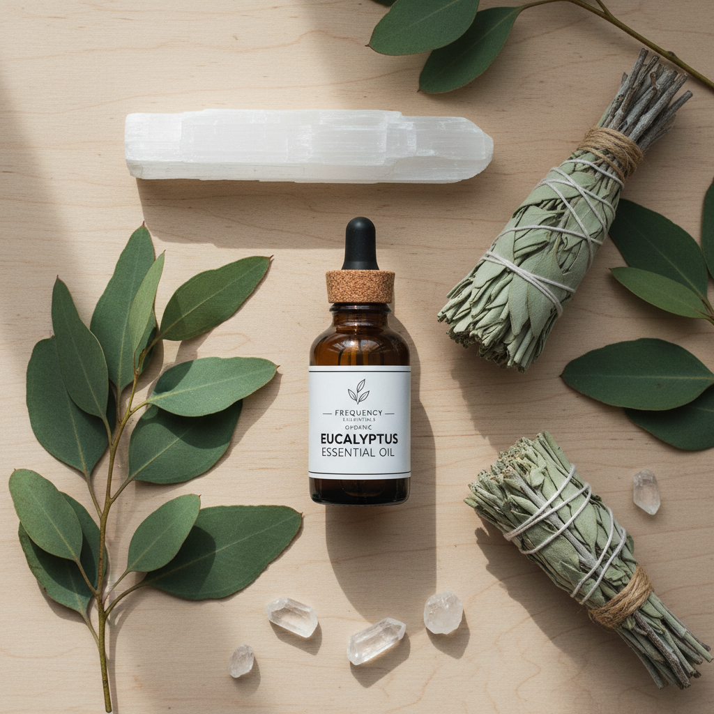 Overhead flat lay of eucalyptus oil bottle with fresh leaves, dried sage, selenite wand and quartz crystals