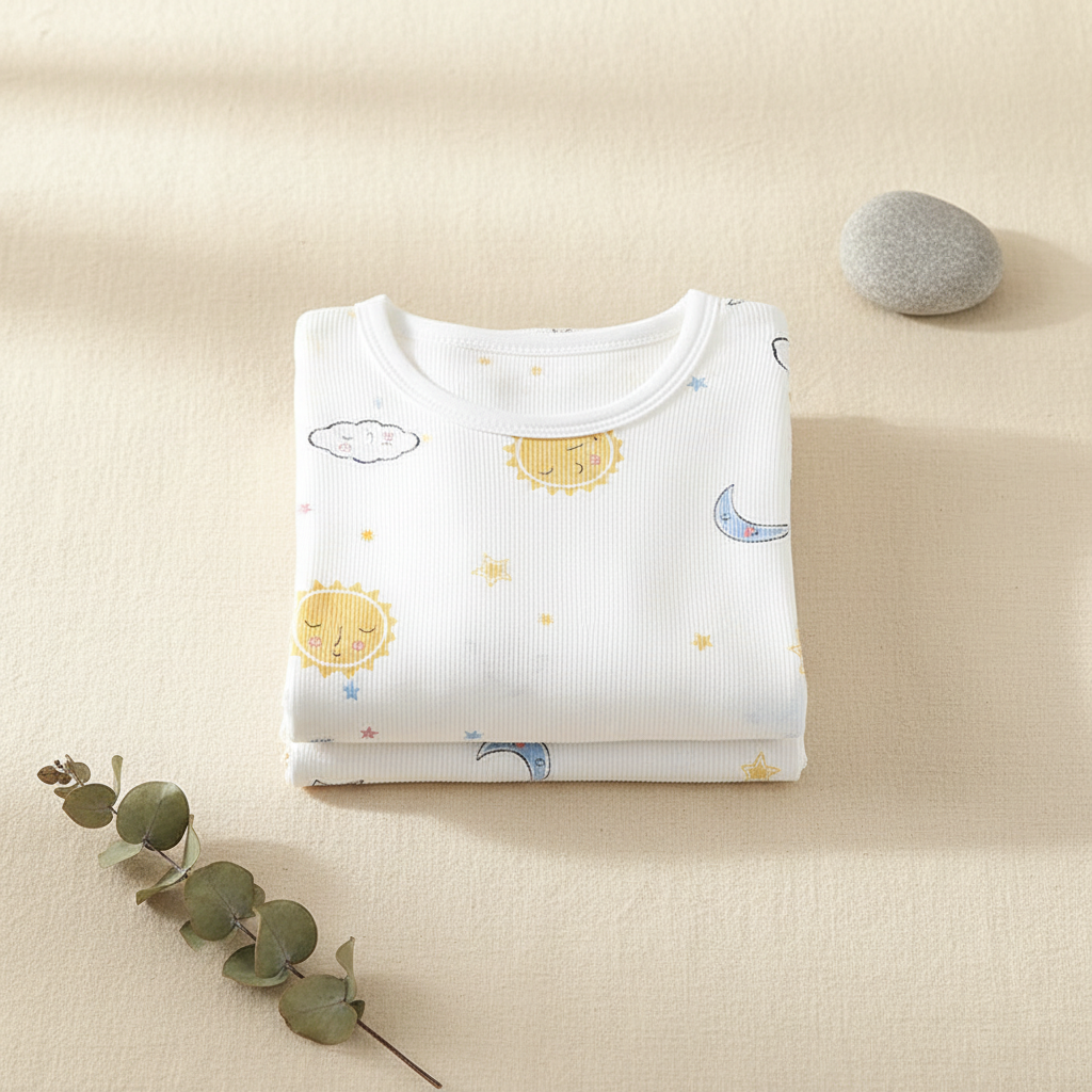 Soft cotton kids pajama set with sun moon and stars print, flatlay on cream linen with eucalyptus and stone