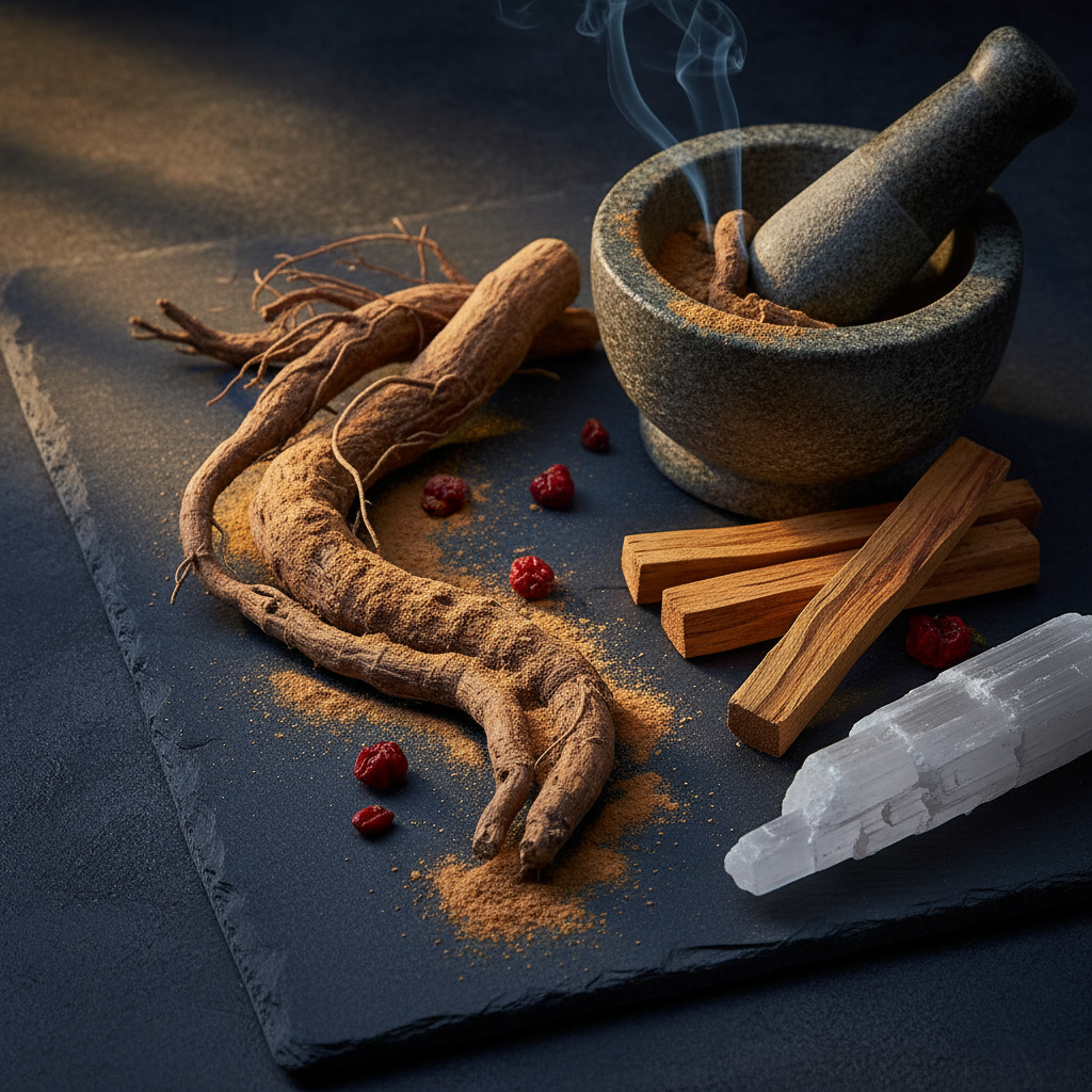 Organic ashwagandha root and powder on dark slate with mortar and pestle and selenite crystal