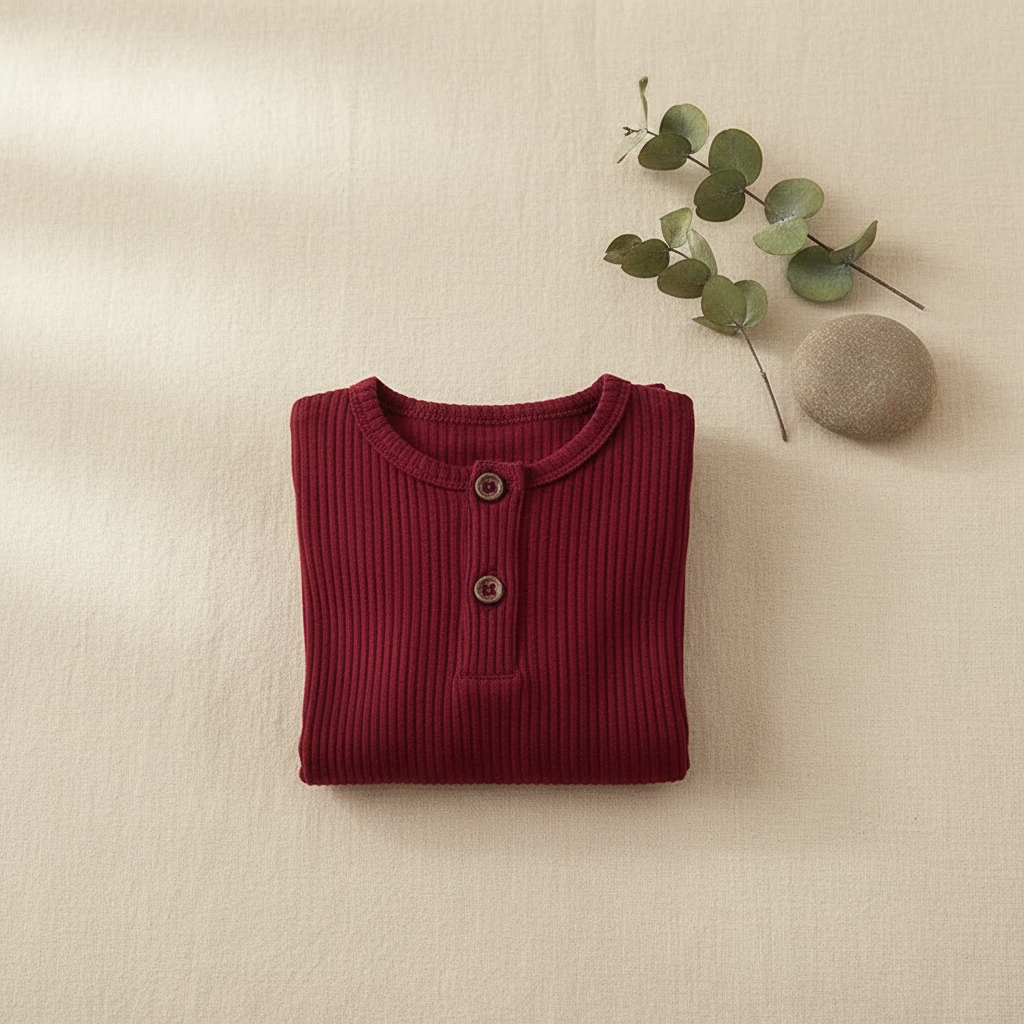 Ribbed cotton long-sleeve baby romper in burgundy flatlay on cream linen with eucalyptus and stone