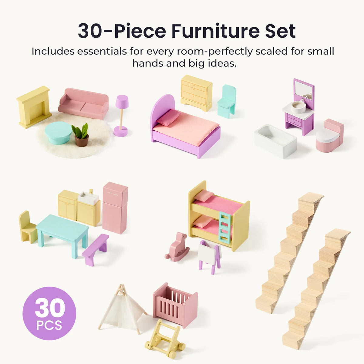 Tiny Land® Sweetwood Wooden Dollhouse with 30 Furniture Pieces