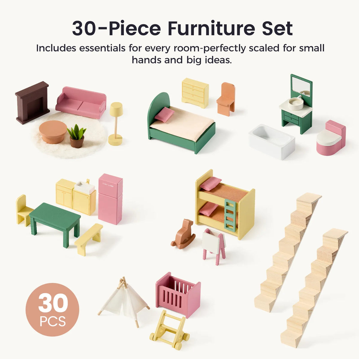 Tiny Land® Sweetwood Wooden Dollhouse with 30 Furniture Pieces