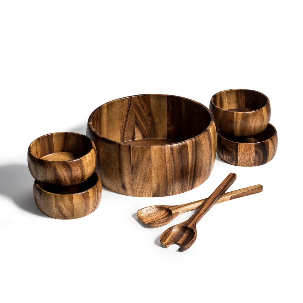 Acacia Wood Salad Bowl Set | 7-Piece with Servers & Individual Bowls