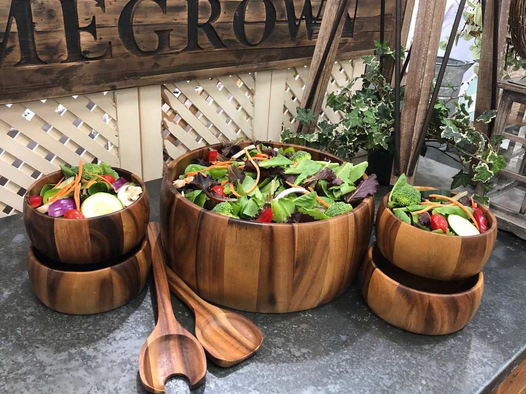 Acacia Wood Salad Bowl Set | 7-Piece with Servers & Individual Bowls