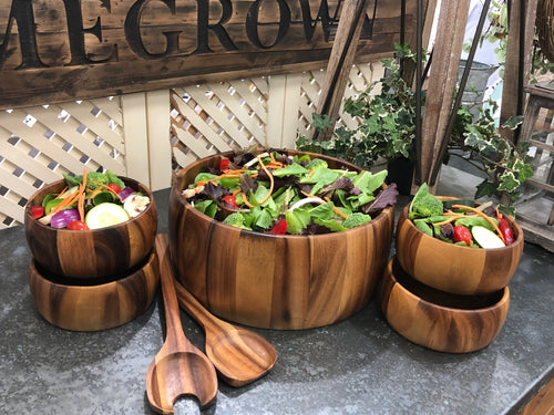 Acacia Wood Salad Bowl Set | 7-Piece with Servers & Individual Bowls