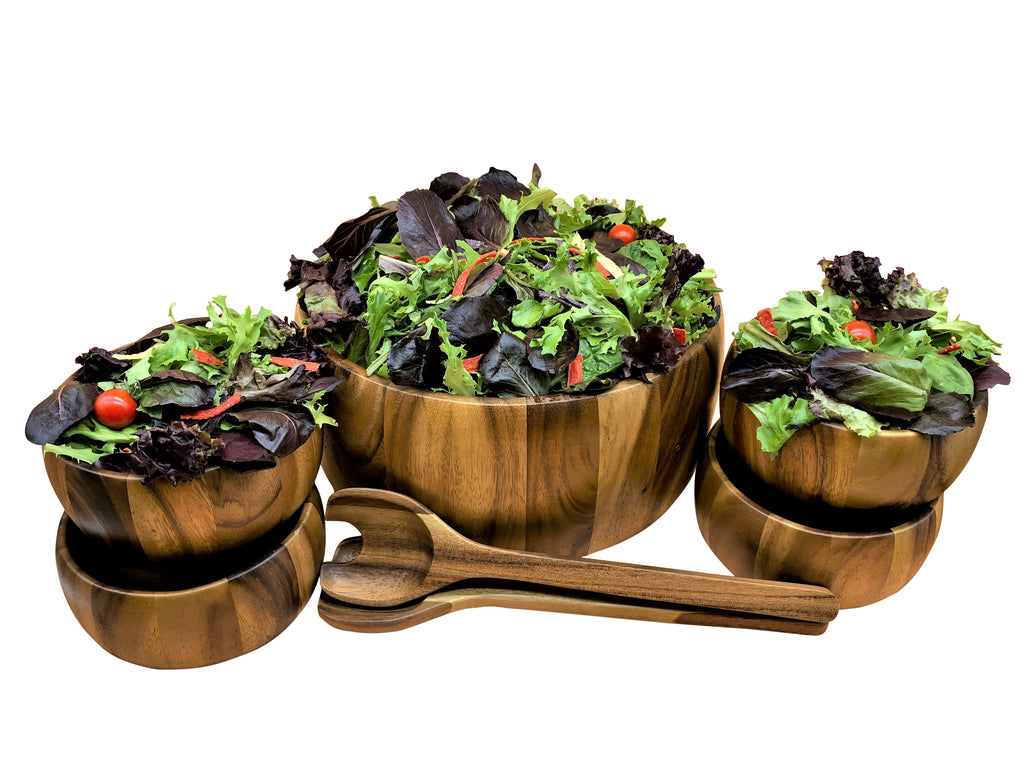 Acacia Wood Salad Bowl Set | 7-Piece with Servers & Individual Bowls