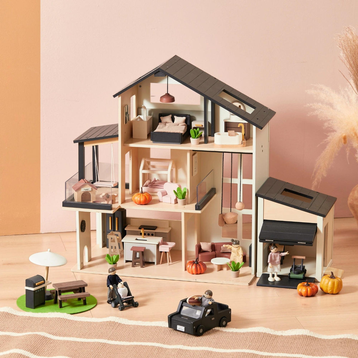 Tiny Land® Sweetwood Edge Black Dollhouse, Garage & Dolls Bundle