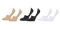 Three pairs of low-cut ankle socks shown side by side on a plain white background: one pair in beige, one pair in black, and one pair in white.