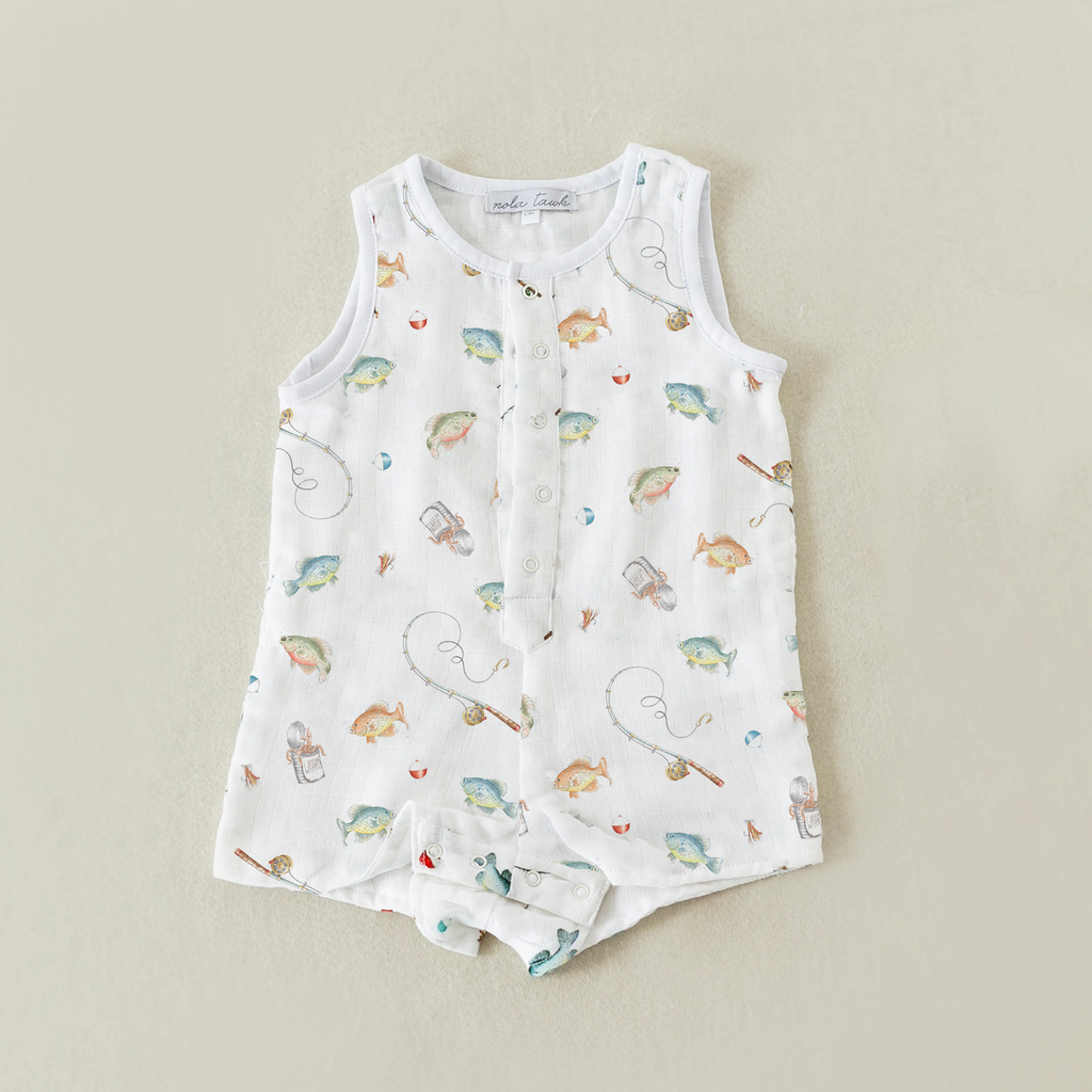 Gone Fishing Organic Muslin Baby Shortalls