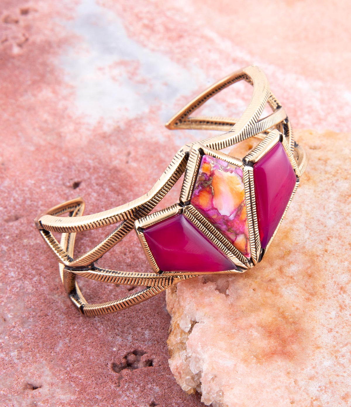 Pink Agate and Coral Matrix Golden Cuff Bracelet