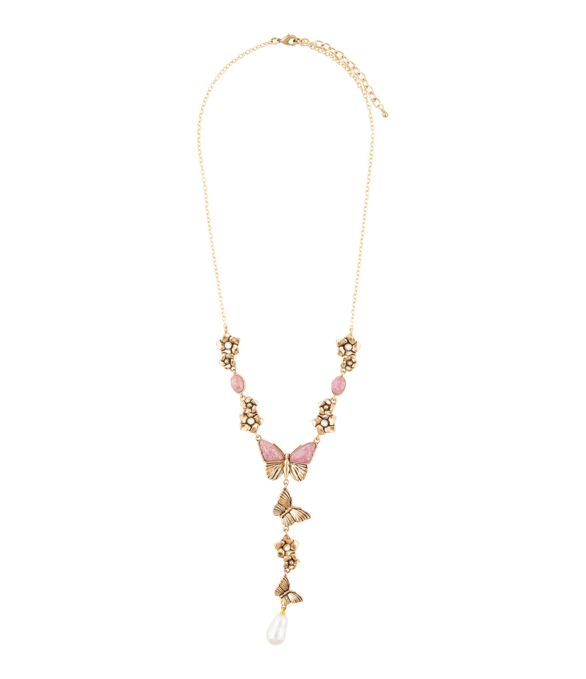 Pink Rhodonite and White Pearl Golden Butterflies Y Necklace