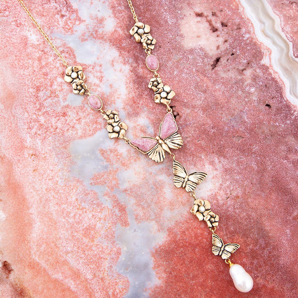 Pink Rhodonite and White Pearl Golden Butterflies Y Necklace