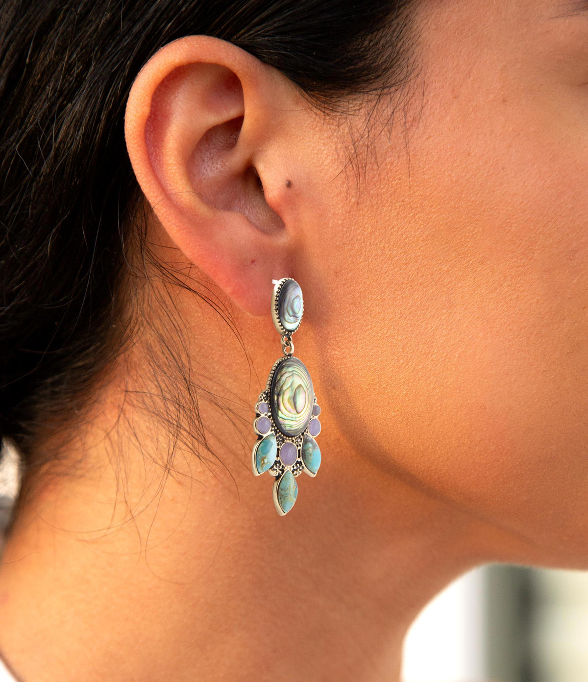 Regal Blue Abalone Mixed Stone Golden Statement Drop Earrings