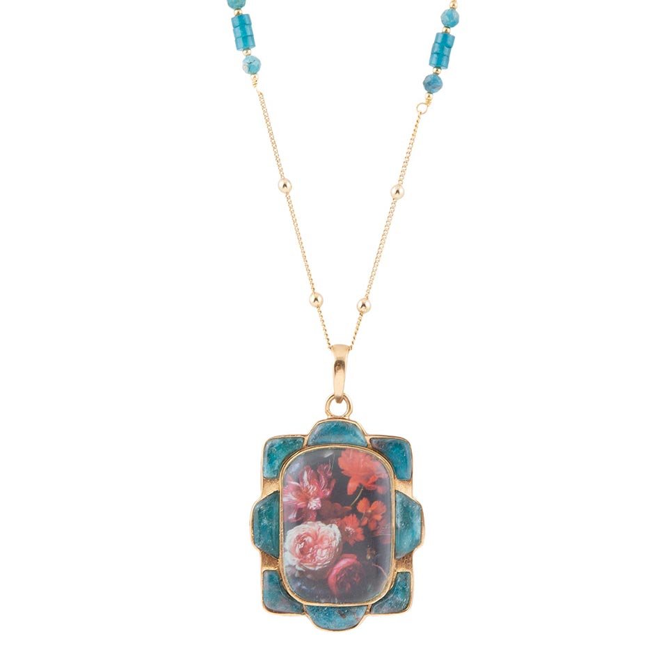 Scenic Red Florals Blue Apatite Golden Pendant Necklace