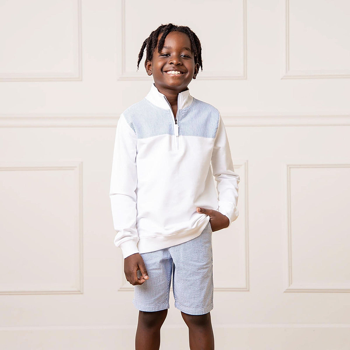 Boys’ Organic Cotton Seersucker Shorts – Blue Stripe