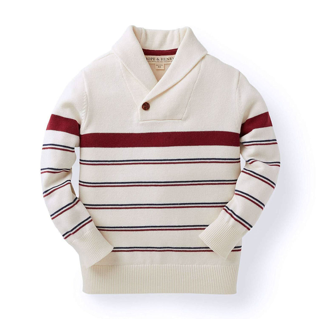 Boys’ Organic Cotton Shawl-Collar Sweater – Ivory Stripe