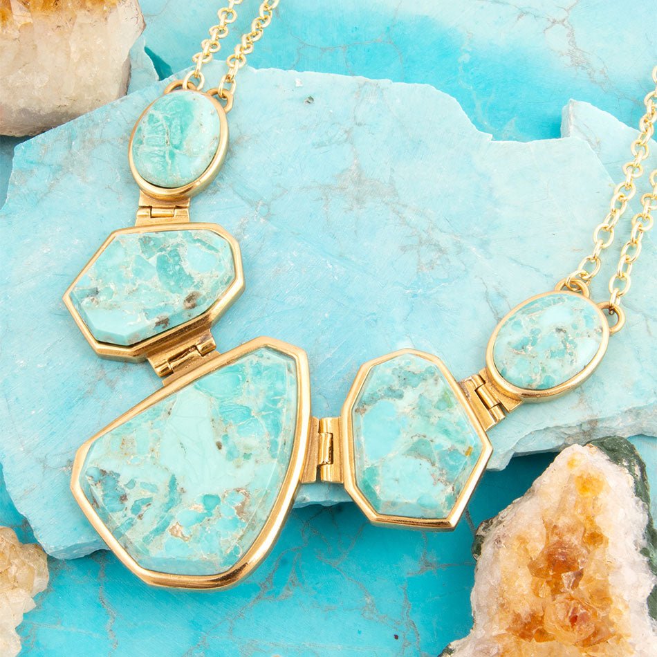 Slabs of Blue Turquoise Golden Statement Necklace
