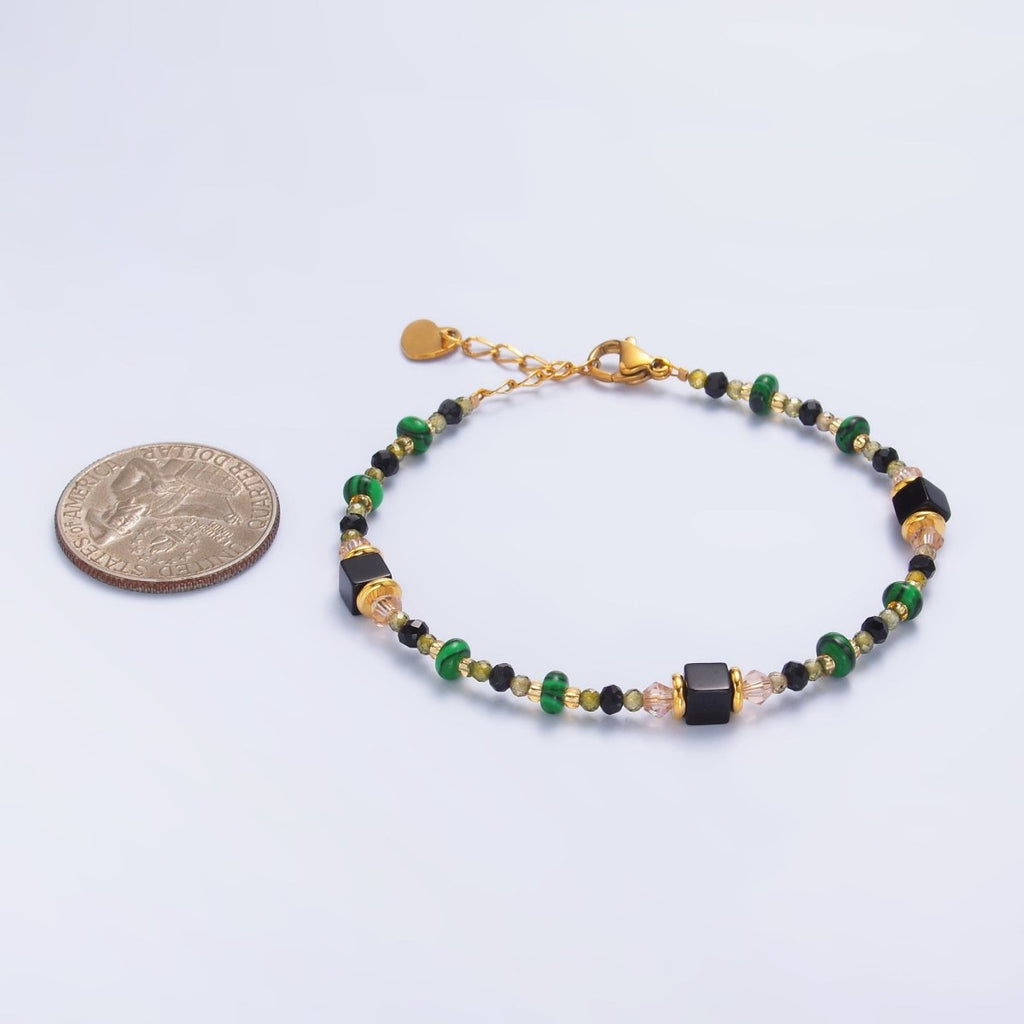 Stainless Steel Black Green Natural Gemstone 7 Inch Bracelet | WA-3115
