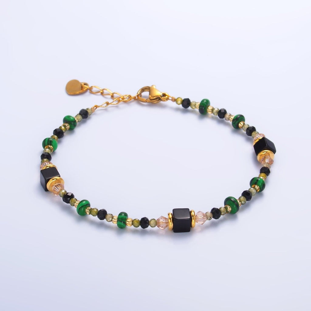 Stainless Steel Black Green Natural Gemstone 7 Inch Bracelet | WA-3115