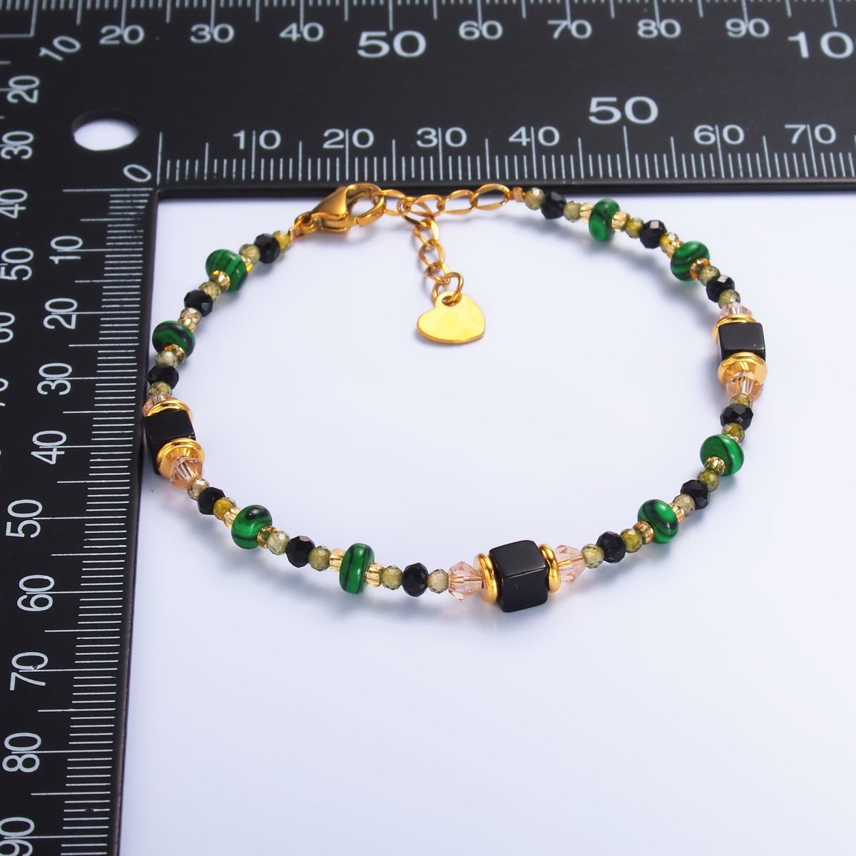 Stainless Steel Black Green Natural Gemstone 7 Inch Bracelet | WA-3115