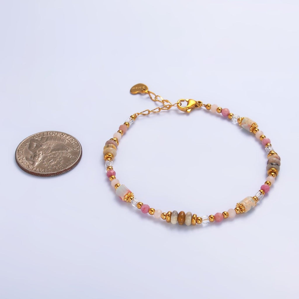 Stainless Steel 2.5mm Pink Tourmaline Rose Quartz Natural Gemstone 7 Inch Bracelet | WA-03130