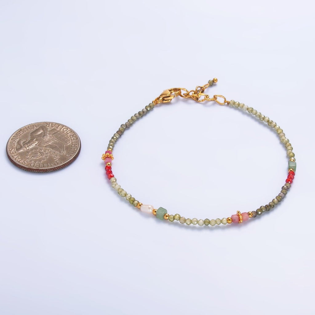 Stainless Steel Red-Pink Green Multifaceted Crystal Gemstone 7 Inch Bracelet | WA-3134