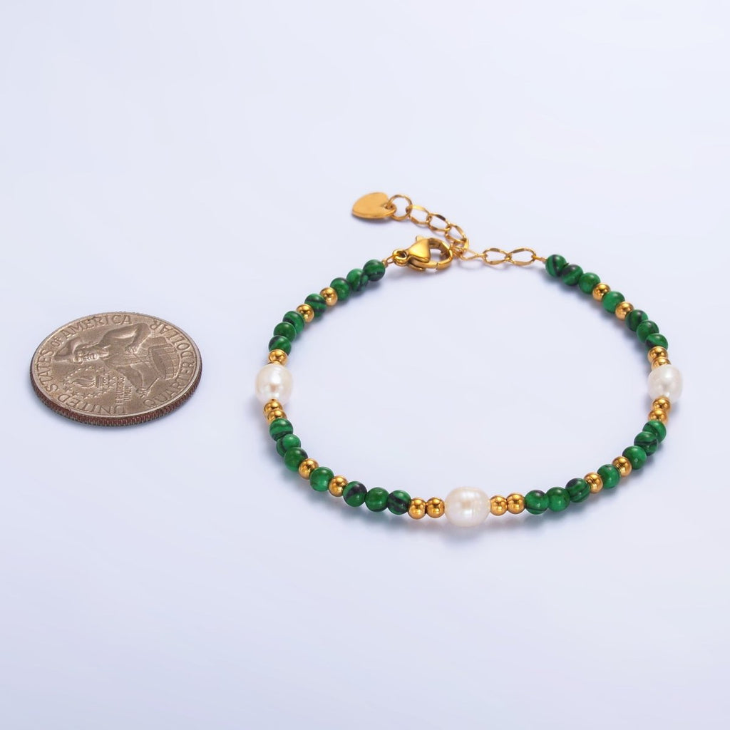 Stainless Steel Ringed Freshwater Pearl Bead Malachite Natural Gemstone Bead 6.5 Inch Bracelet | WA-3135