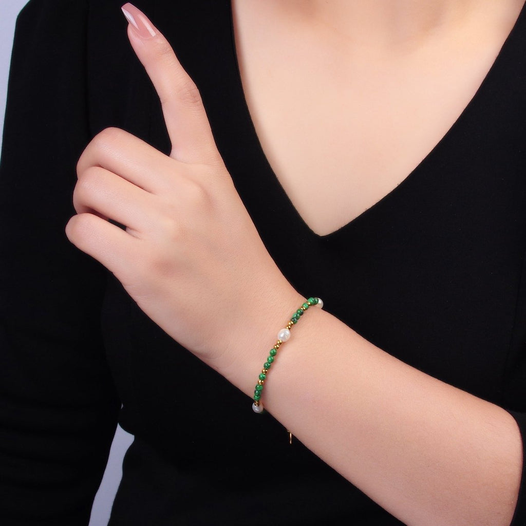 Stainless Steel Ringed Freshwater Pearl Bead Malachite Natural Gemstone Bead 6.5 Inch Bracelet | WA-3135