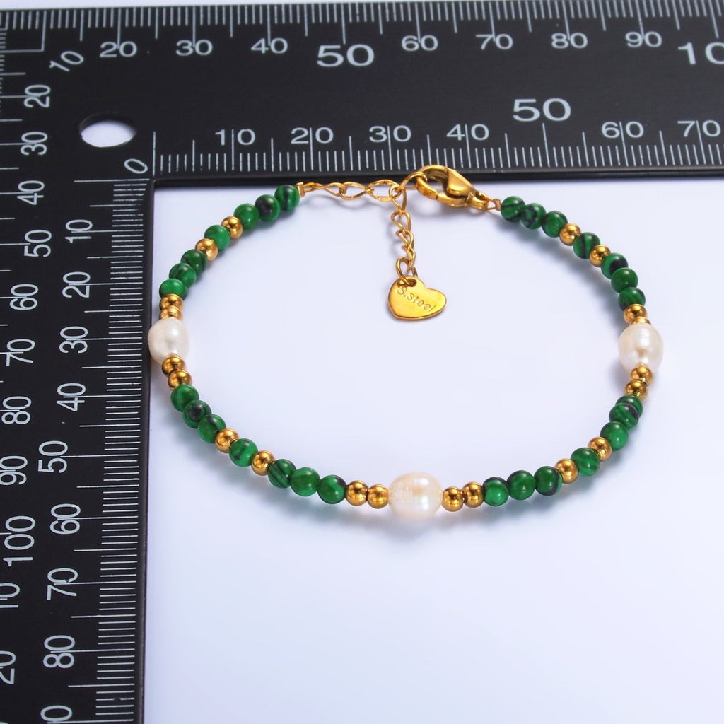 Stainless Steel Ringed Freshwater Pearl Bead Malachite Natural Gemstone Bead 6.5 Inch Bracelet | WA-3135
