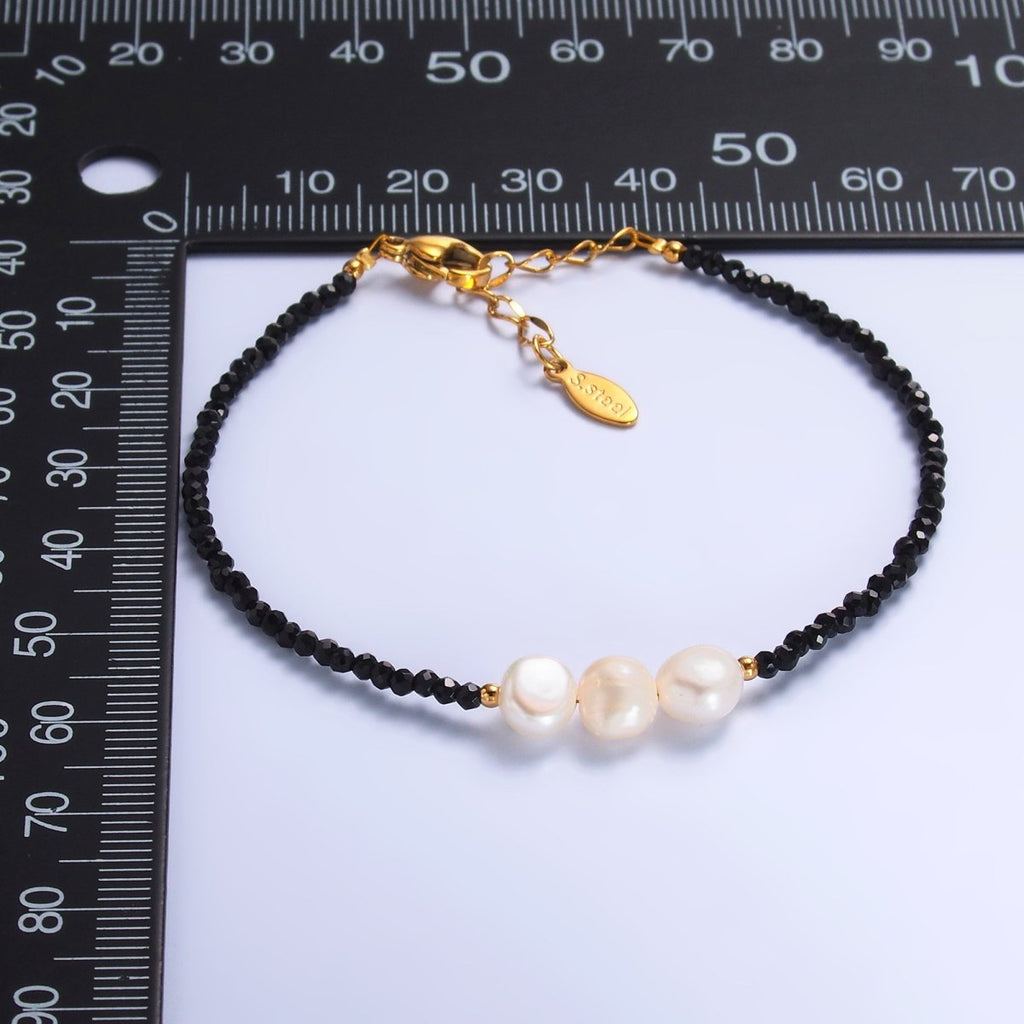 Stainless Steel Triple Shell Pearl Onyx Natural Gemstone 6.5 Inch Bracelet | WA-3129