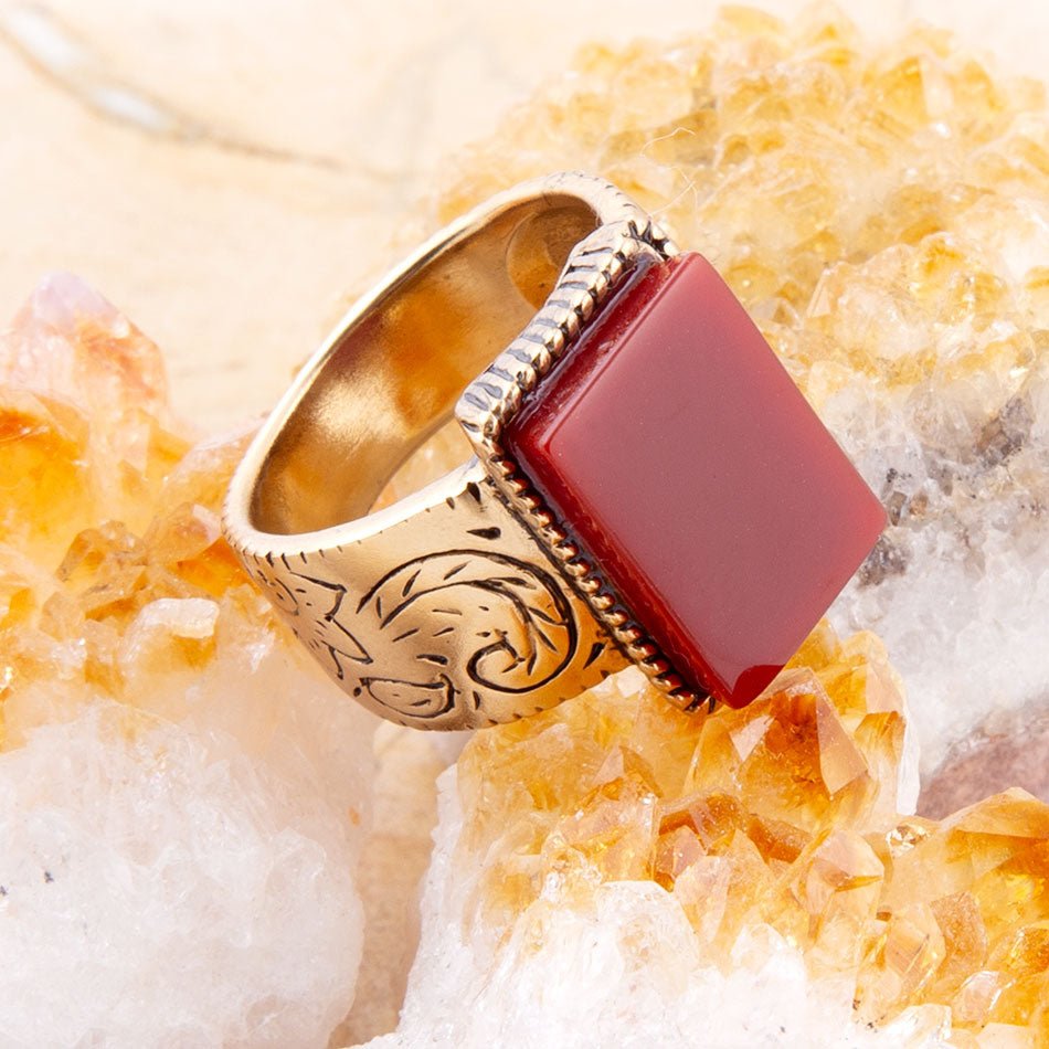 Stamped Orange Carnelian Golden Ring