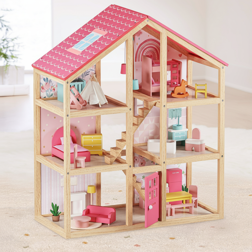 Tiny Land® Sweetwood Wooden Dollhouse with 30 Furniture Pieces